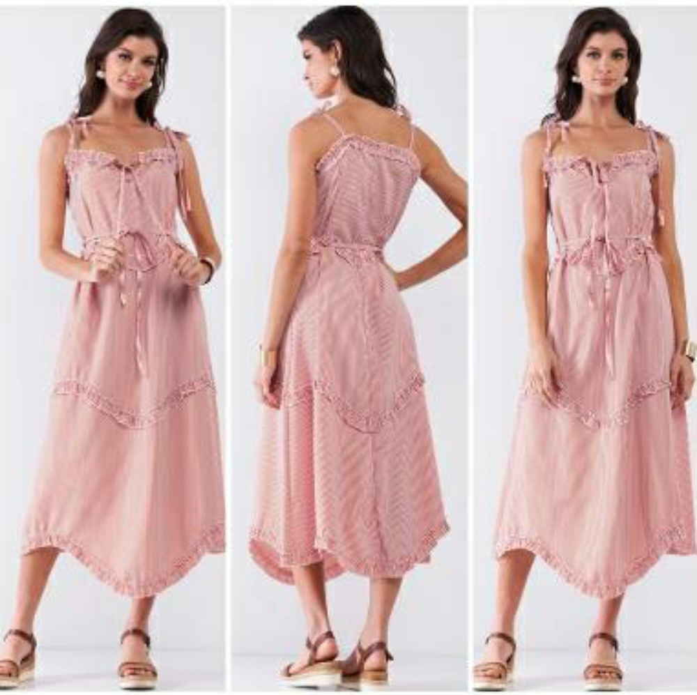 LAST ONE❗HWA Boho Chic Coral Pinstripes Midi Dress